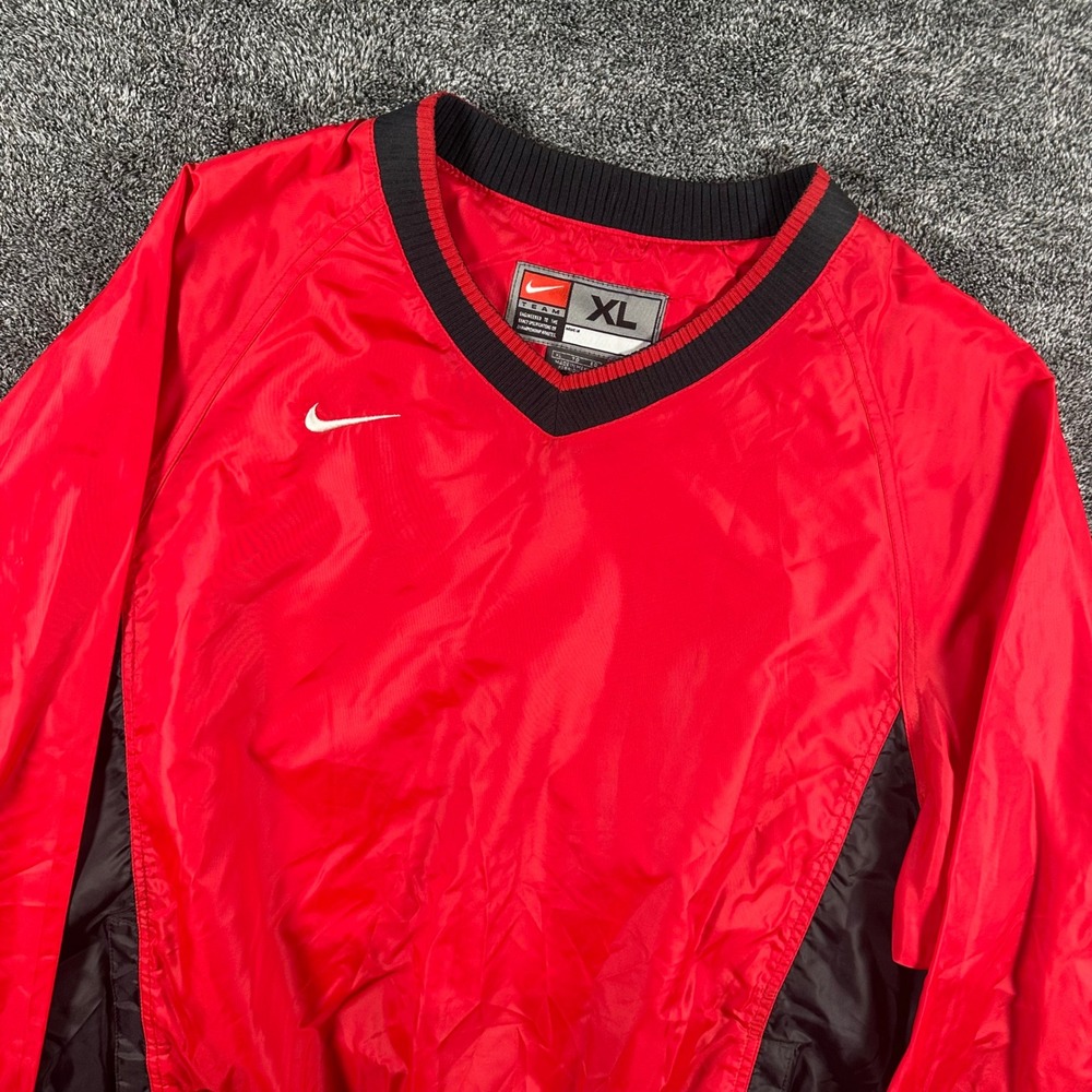 Nike Team Windshirt Mens XL Red Black Pullover V-Neck Long Sleeve Vintage Y2K